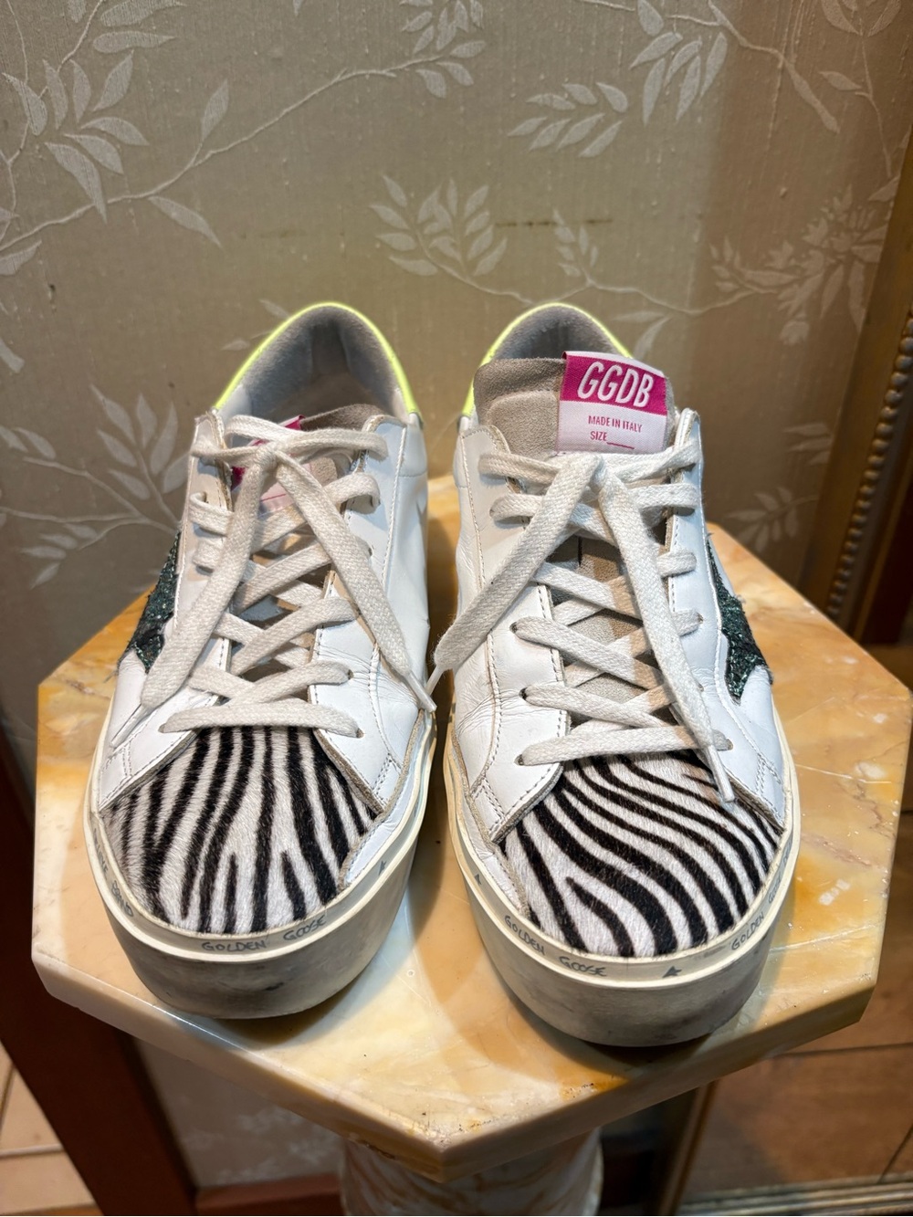 Golden Goose High Star Golden Zebra with Neon Yellow Heel and Black Glitter Star - Picture 10 of 10